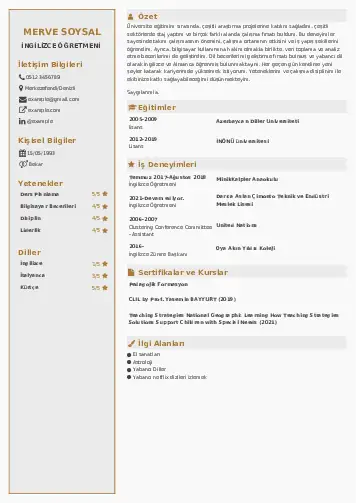 Yabancı Dil Öğretmeni Cv Örnekleri cv indir